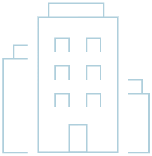 A simple building icon in light blue
